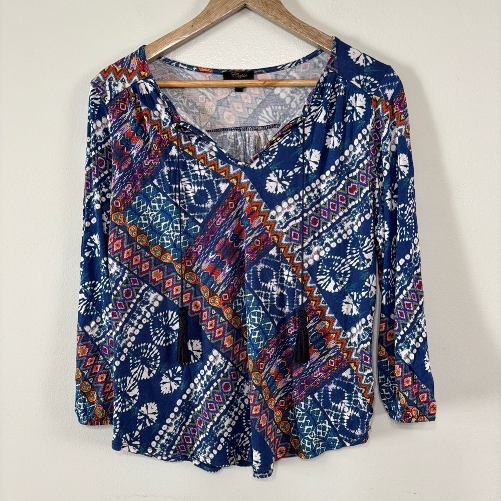 Cupio Boho Tassel Tie Multi Color Top Size S